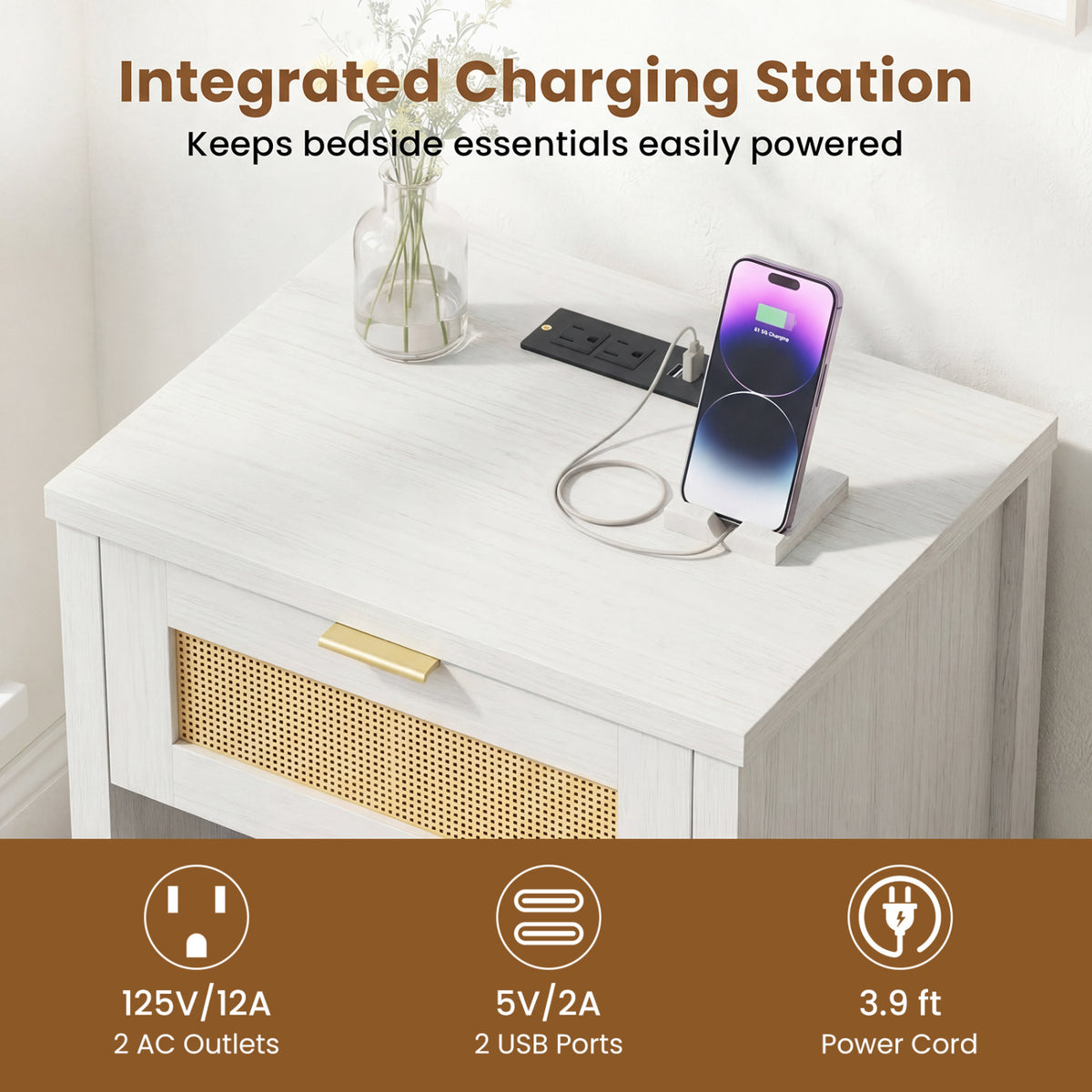 Rattan Nightstand with Charging Station and Storage Shelf for Bedroom-White view 7