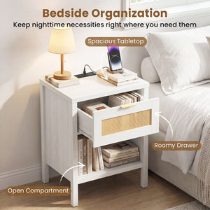 Rattan Nightstand with Charging Station and Storage Shelf for Bedroom-White view 8