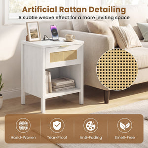 Rattan Nightstand with Charging Station and Storage Shelf for Bedroom-White view 9