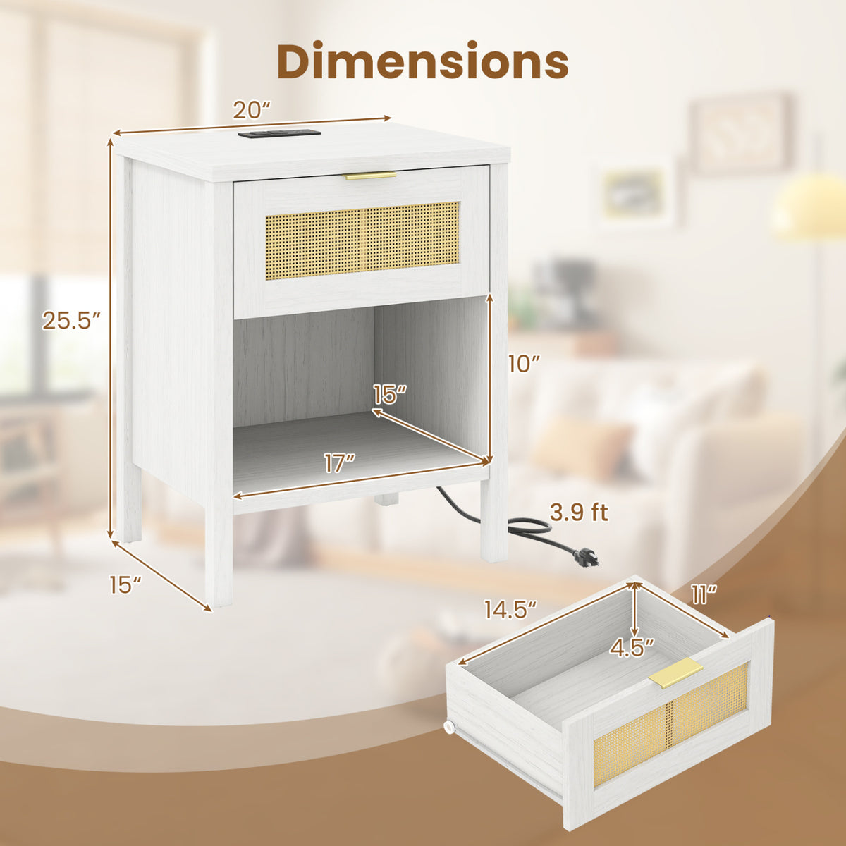 Rattan Nightstand with Charging Station and Storage Shelf for Bedroom-White view 5