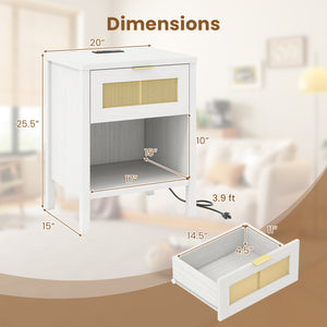 Rattan Nightstand with Charging Station and Storage Shelf for Bedroom-White view 5