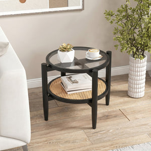 Rattan Round Side End Table with Tempered Glass Tabletop-Black view 2