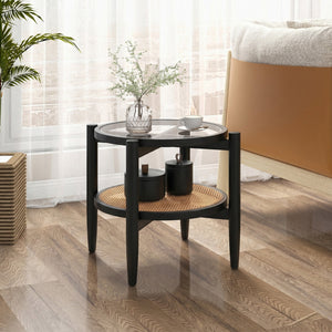 Rattan Round Side End Table with Tempered Glass Tabletop-Black view 3