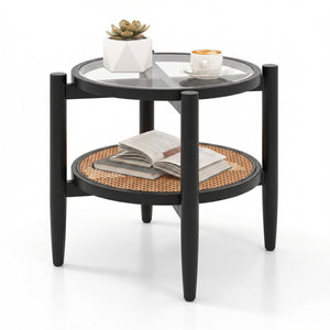 Rattan Round Side End Table with Tempered Glass Tabletop-Black view 4