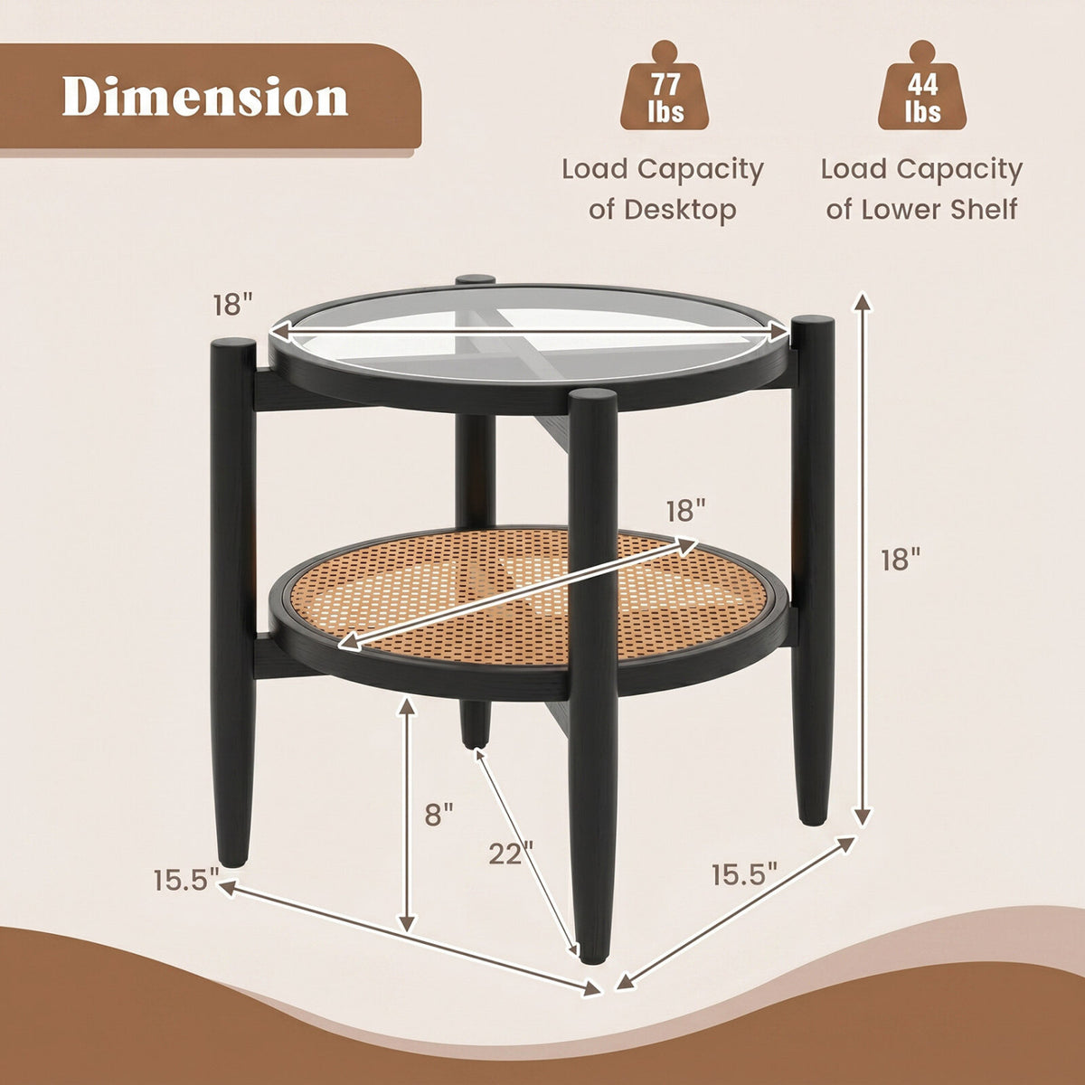 Rattan Round Side End Table with Tempered Glass Tabletop-Black view 5