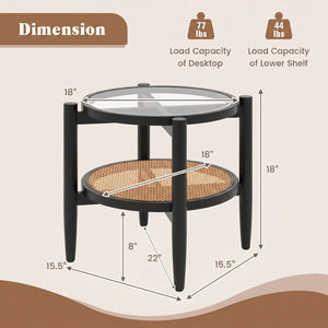 Rattan Round Side End Table with Tempered Glass Tabletop-Black view 5