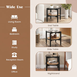 Rattan Round Side End Table with Tempered Glass Tabletop-Black view 6