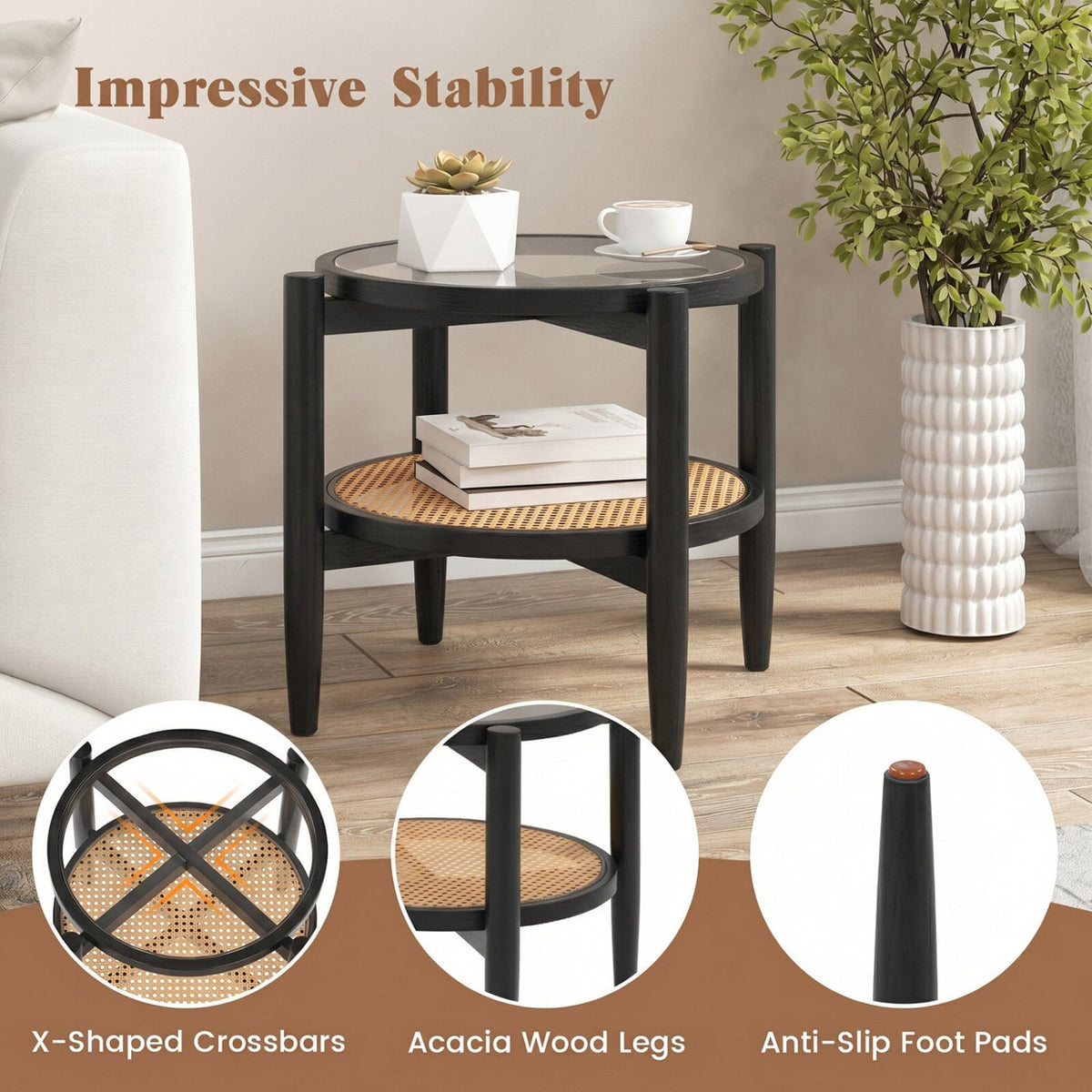 Rattan Round Side End Table with Tempered Glass Tabletop-Black view 7