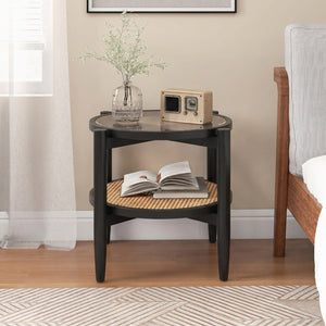 Rattan Round Side End Table with Tempered Glass Tabletop-Black view 8