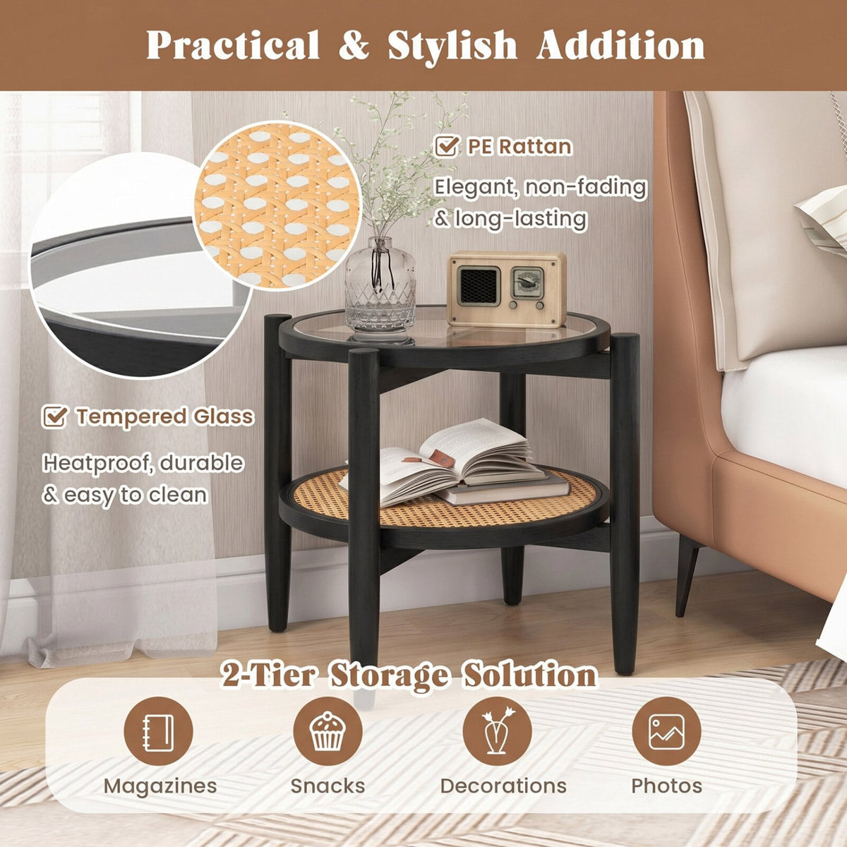 Rattan Round Side End Table with Tempered Glass Tabletop-Black view 9
