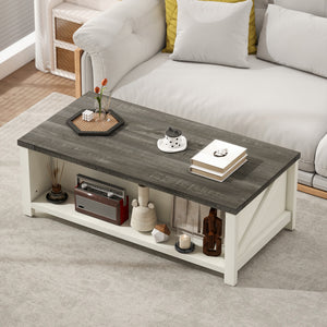 Farmhouse Coffee Table with Drawer, Open Storage Shelf for Living Room, Dining Room, Office, Distressed White