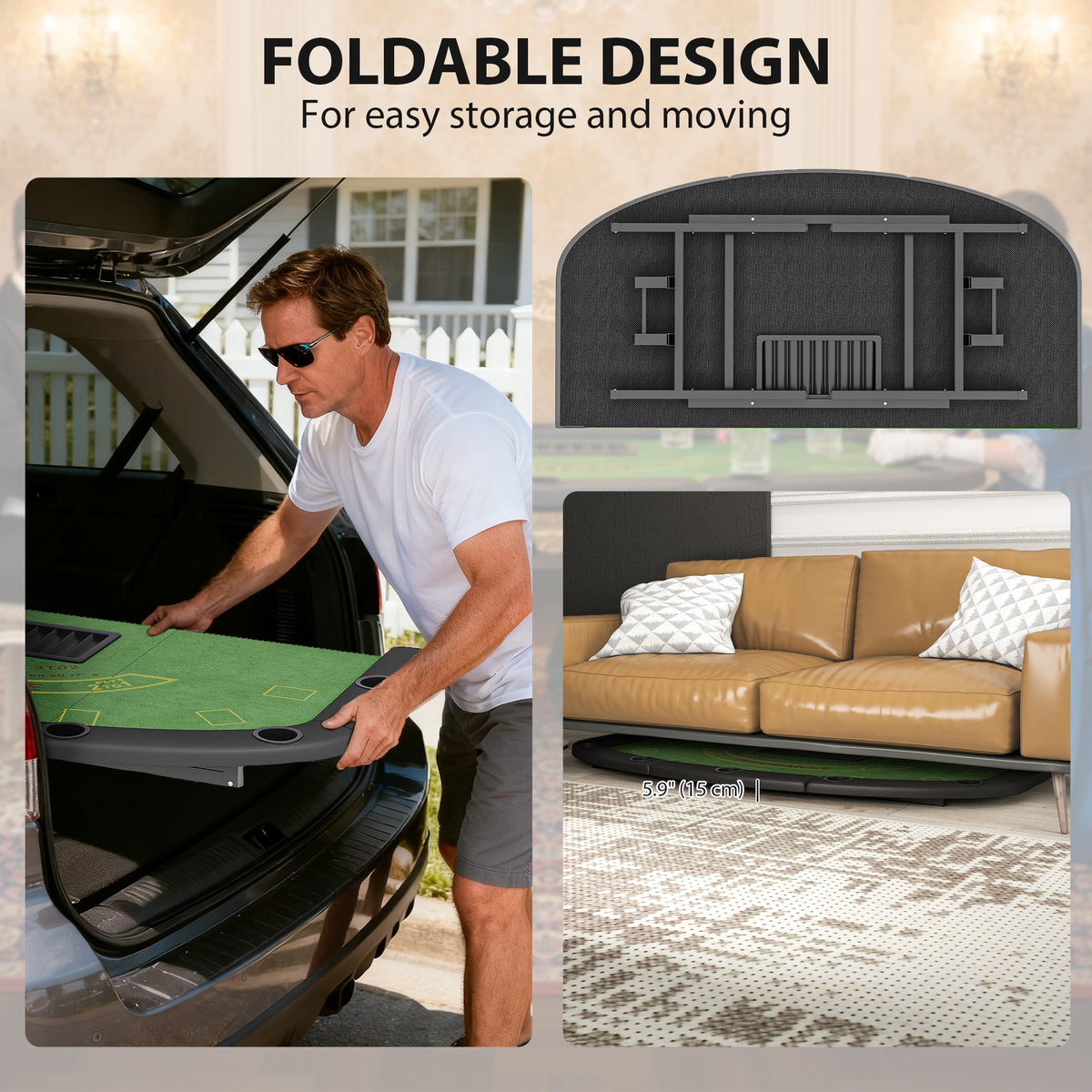 Soozier Poker Table Foldable, 72" 8 Player Casino Leisure Blackjack Texas Holdem Poker Table with 7 Cup Holders, Green