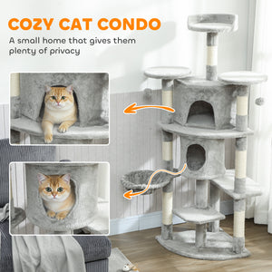 62" Cat Tree with Scratching Post, 2 Condos, Hammock, Perches, Plush, Pompoms, for Indoor Cats, Beige – view 18