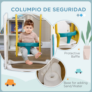 Qaba 6-in-1 Slide and Swing Set Baby Swing Playset Indoor with Basketball Hoop, Climber, Storage Space, Telescope