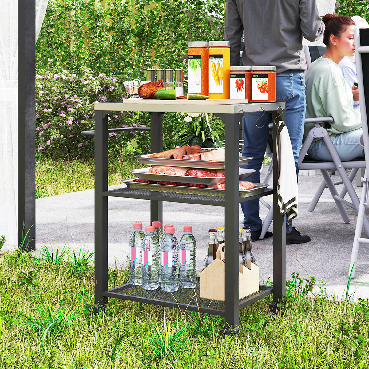 3-Shelf Outdoor Grill Cart Table with Side Handle, Stainless Steel Pizza Oven Stand on Wheels, Black – view 21