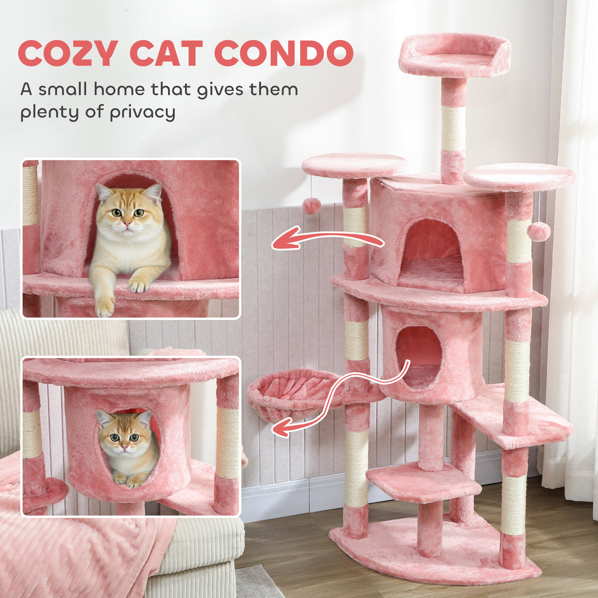 62" Cat Tree with Scratching Post, 2 Condos, Hammock, Perches, Plush, Pompoms, for Indoor Cats, Beige – view 25