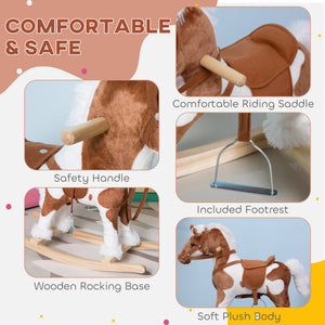 Qaba Kids Rocking Horse Plush Animal on Wooden Rockers with Sounds, Wooden Base, Baby Rocking Chair, Brown and White