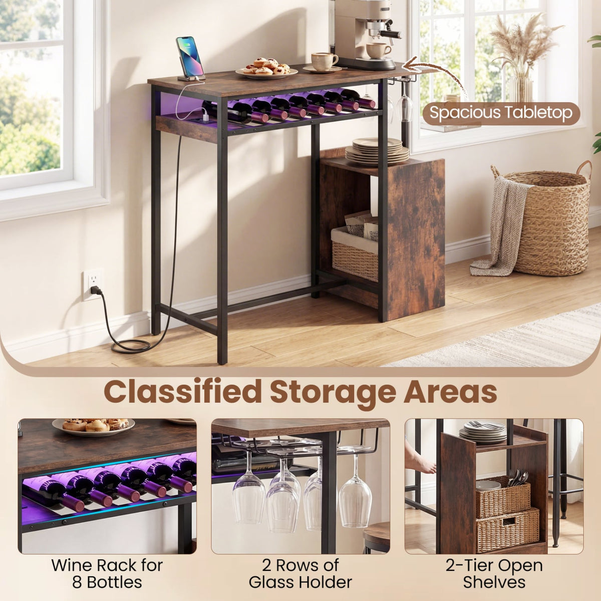 Rectangular Bar Table with Charging Station and LED Light-Rustic Brown view 7