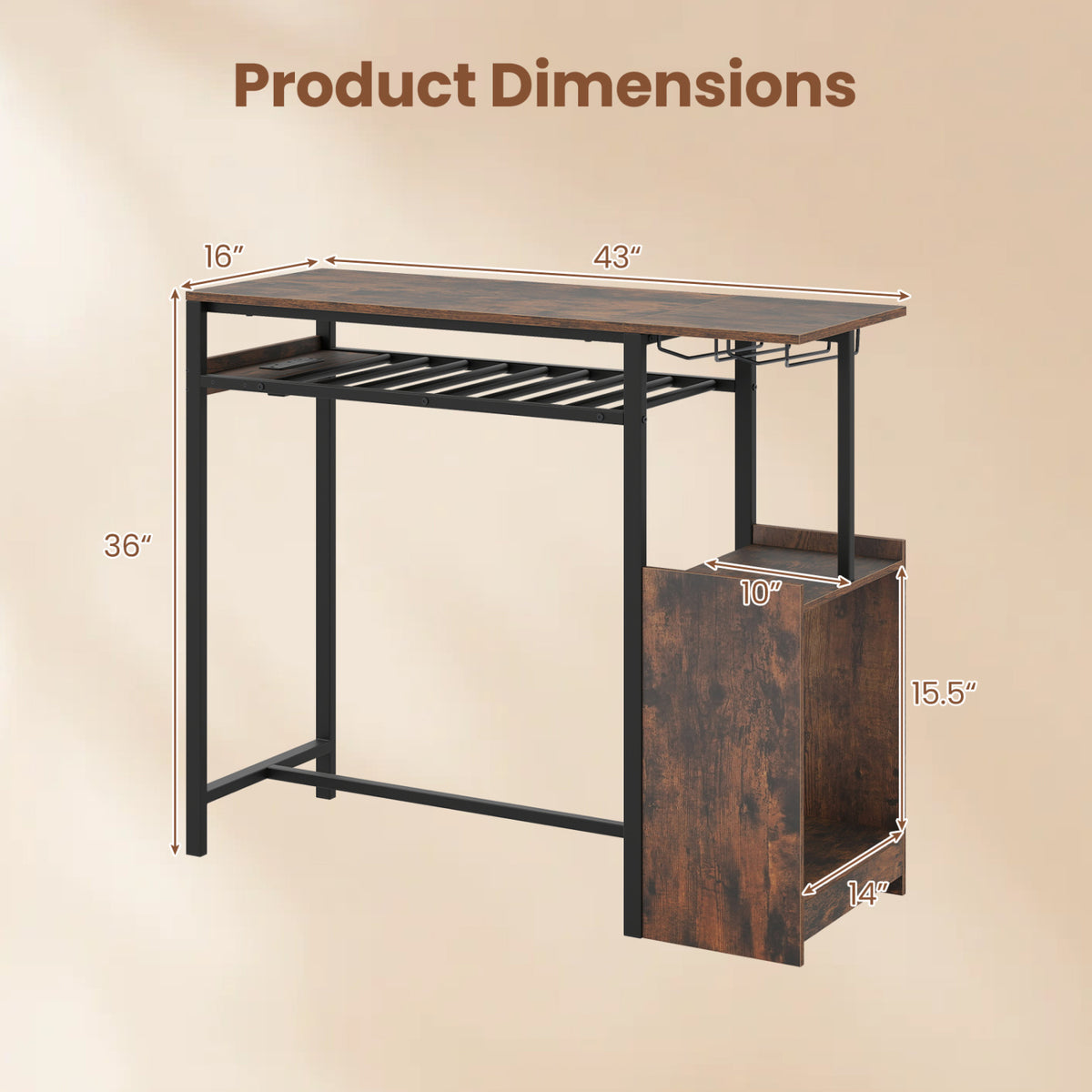 Rectangular Bar Table with Charging Station and LED Light-Rustic Brown view 5