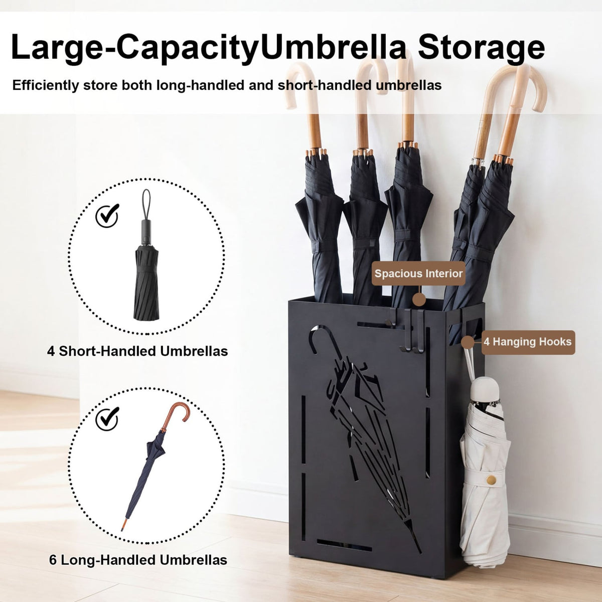 Rectangular Umbrella Holder Rack with Removable Drip Tray-Black view 8