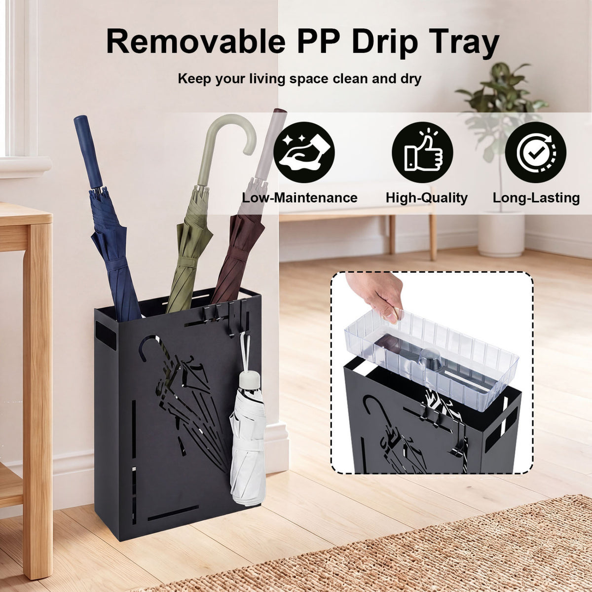 Rectangular Umbrella Holder Rack with Removable Drip Tray-Black view 9