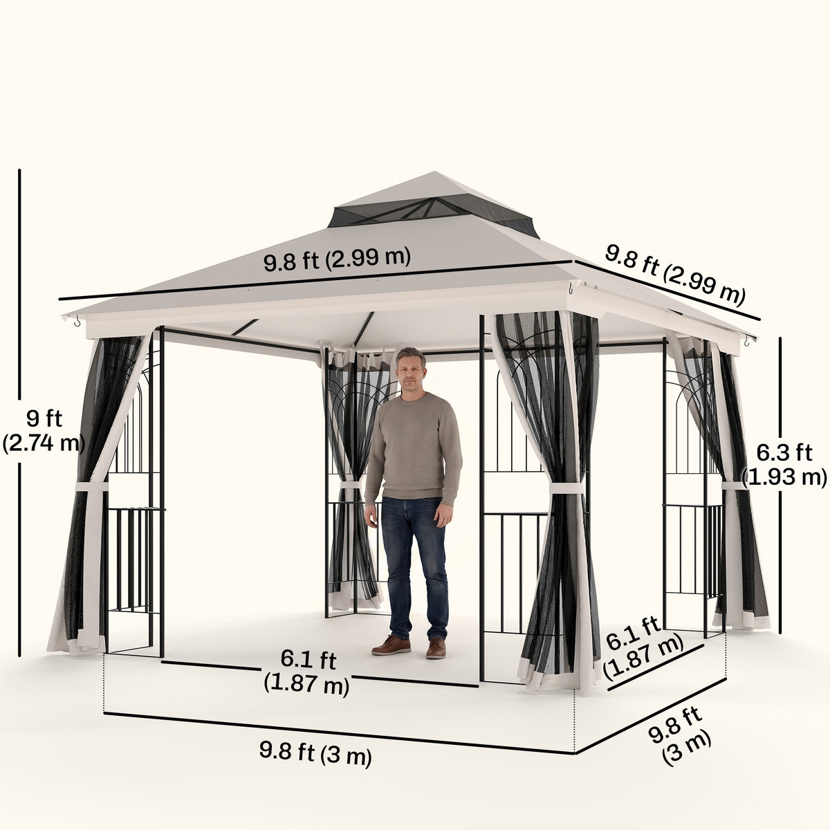 10'x10' Soft-top Patio Gazebo with Double Tier Roof, Mesh Curtains, Display Shelves, Top Hooks, Beige – view 2