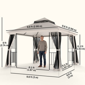 10'x10' Soft-top Patio Gazebo with Double Tier Roof, Mesh Curtains, Display Shelves, Top Hooks, Beige – view 2