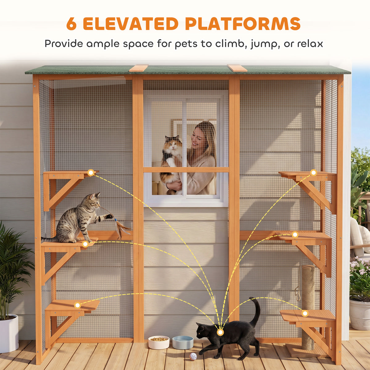 Large Outdoor Catio Enclosure, Weatherproof Cat House with Asphalt Roof,  Wooden Cat Patio Cage with 6 Balanced Platforms, 71" x 39" x 71", Grey
