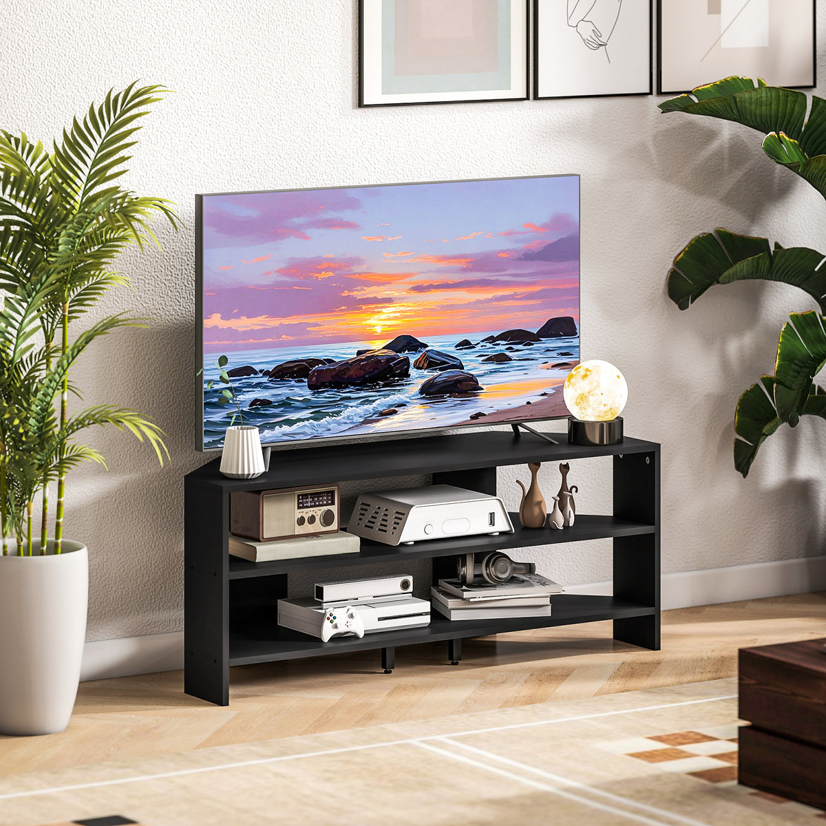 Corner TV Stand, Modern TV Table with 2 Open Shelves for 47 Inch TV, Entertainment Center for Living Room, Black