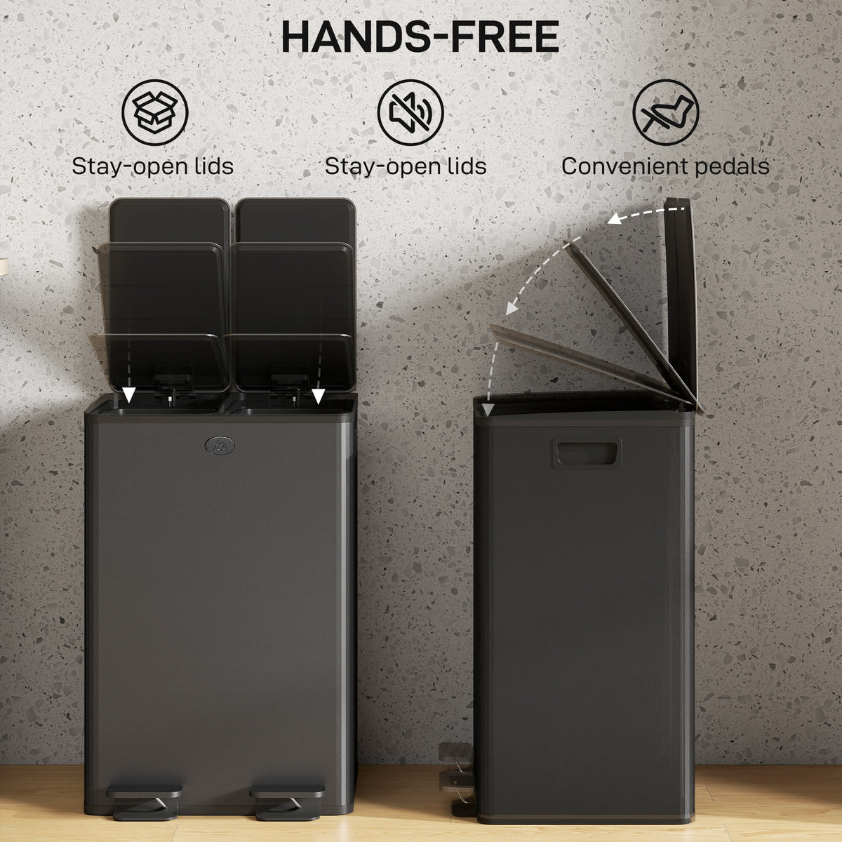 Garbage Bin, Soft-Close Trash Can with Foot Pedal, 2x7.4 Gal (2x28 L) Garbage Can with Removable Inner Buckets, SBlack
