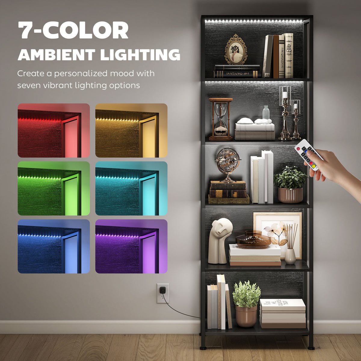 5-Tier Bookshelf, Freestanding Bookcase with LED Lights and Metal Frame for Living Room, Bedroom, Home Office, Black