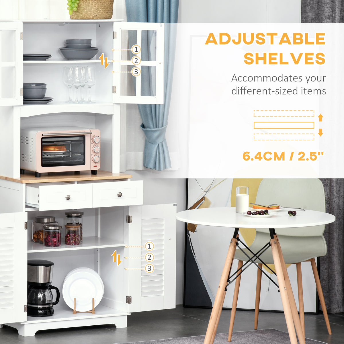 Coastal Style Kitchen Buffet and Hutch Wooden Storage Cupboard with Framed Glass Door LouveredCabinet  Drawers Microwave Space for Dining Room  Living Room  White