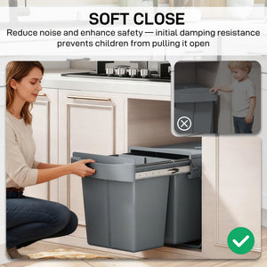 Pull Out Trash Can Under Cabinet, 10.6 Gallon (40L) Slide Out Garbage Can with 2 Removable Compartments, Grey