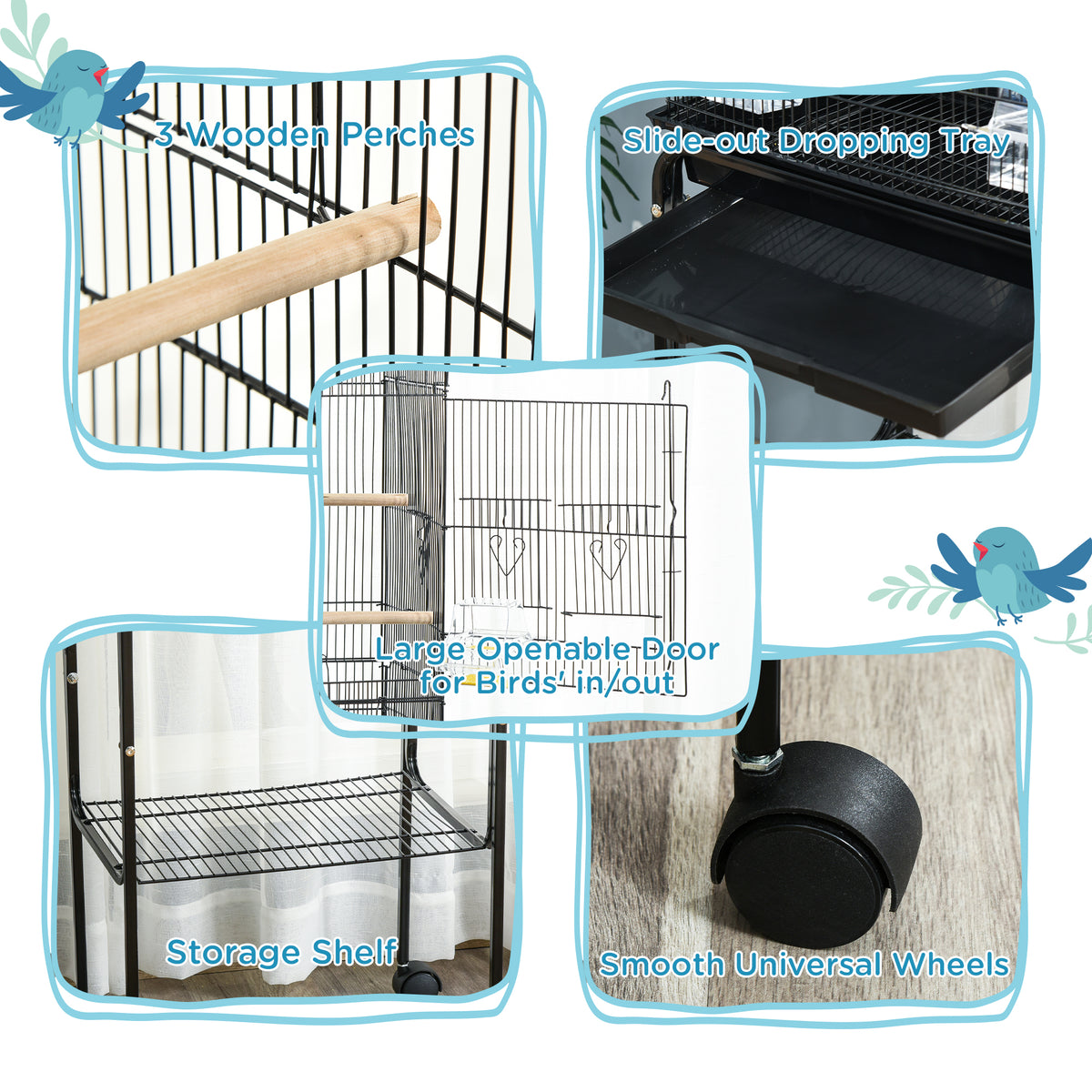 62" Rolling Bird Cage Cockatoo House Play Top Finch Pet Supply with Storage Shelf, Wheels - Black – view 18