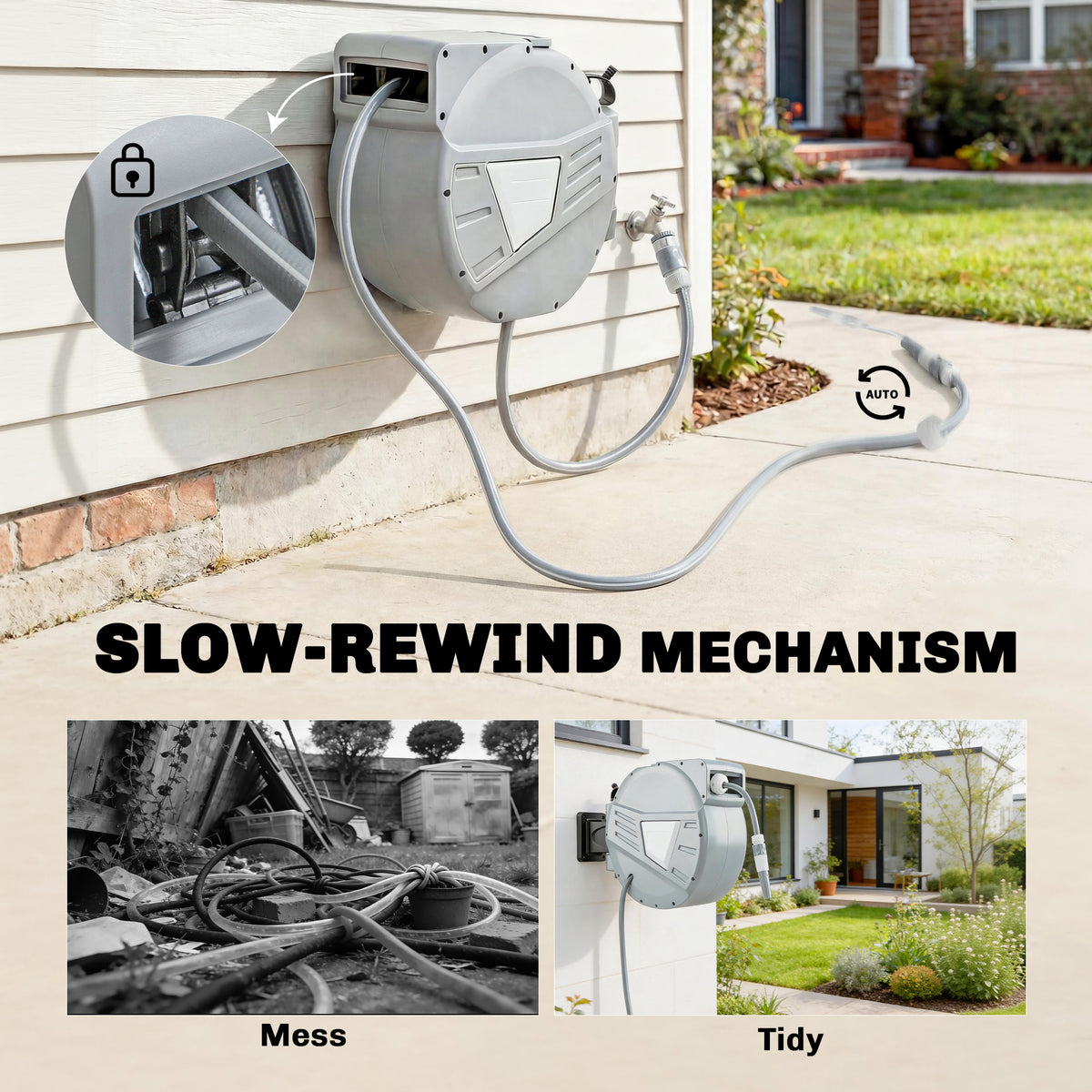Retractable Garden Hose Reel, 1/2" x 98ft Wall Mounted Hose Reel with Auto Retraction, Self-Locking, Grey