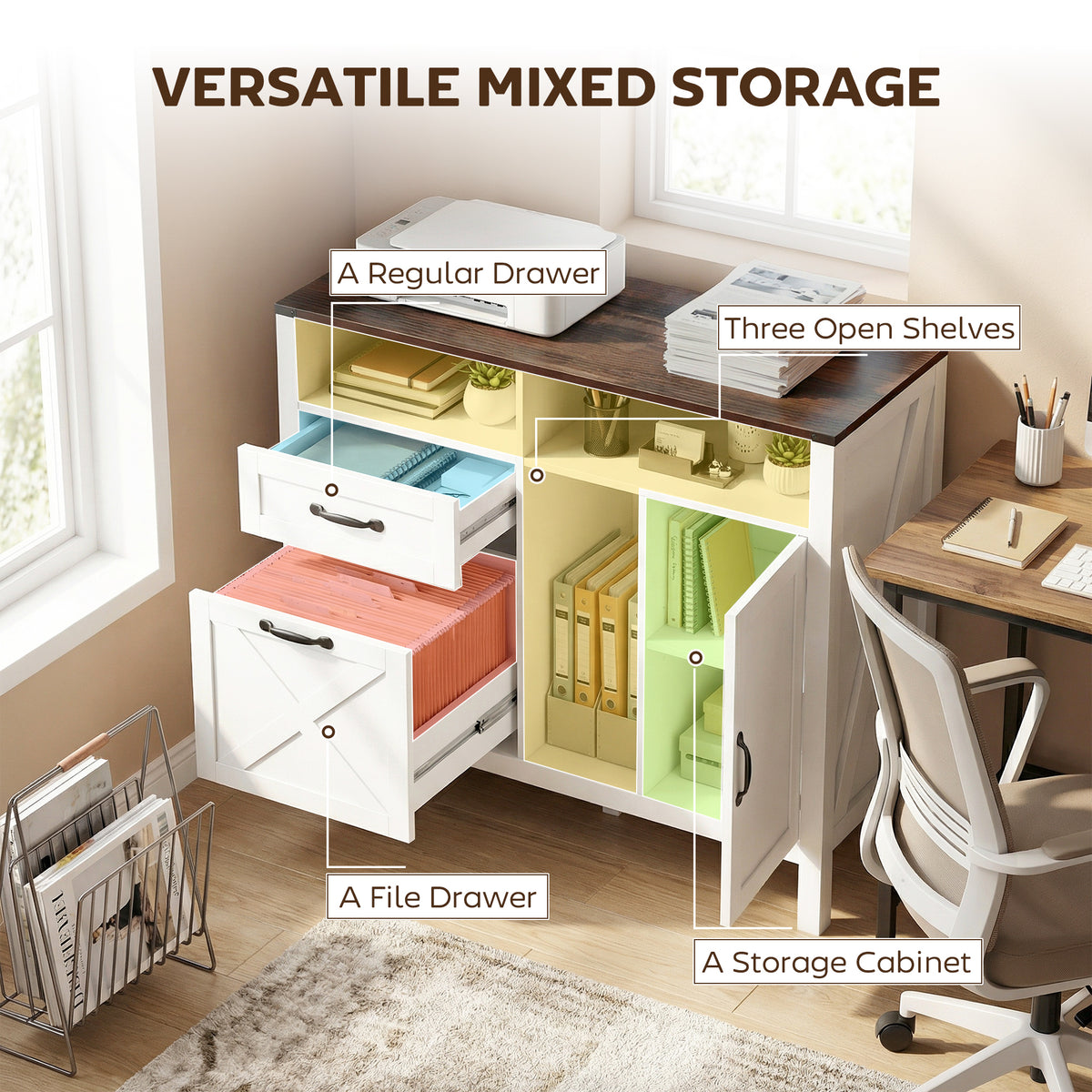 Lateral Filing Cabinet for Letter/A4 Hanging Files, File Cabinet with Open Compartments for Home Office, White