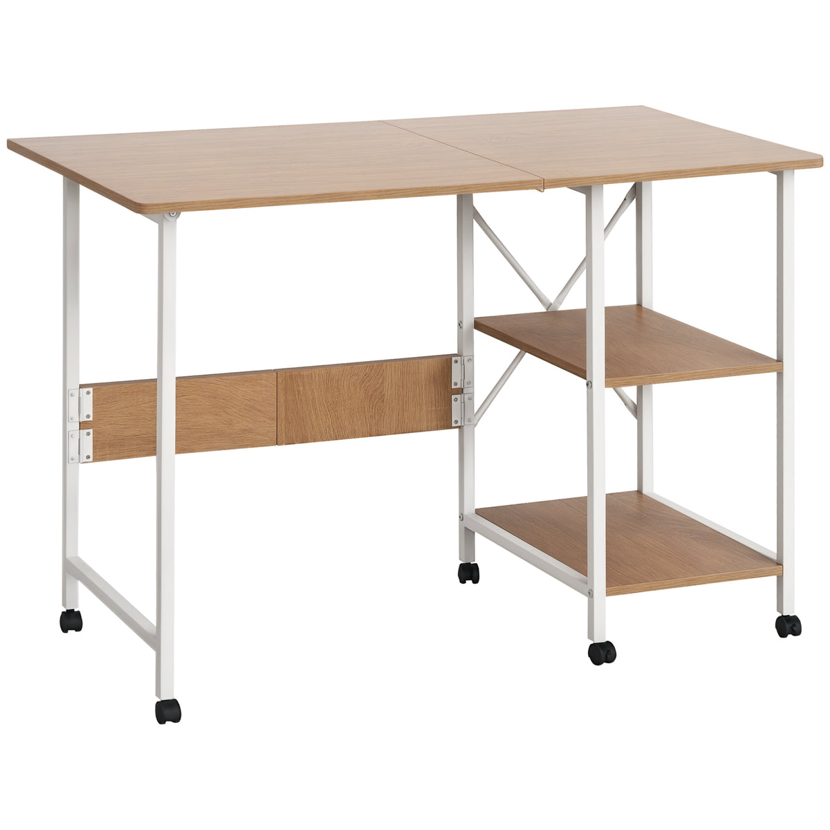Folding Computer Desk with Storage Shelves, Study Writing Table Laptop Desk with 6 Wheels for Bedroom Home Office Workstation, Natural