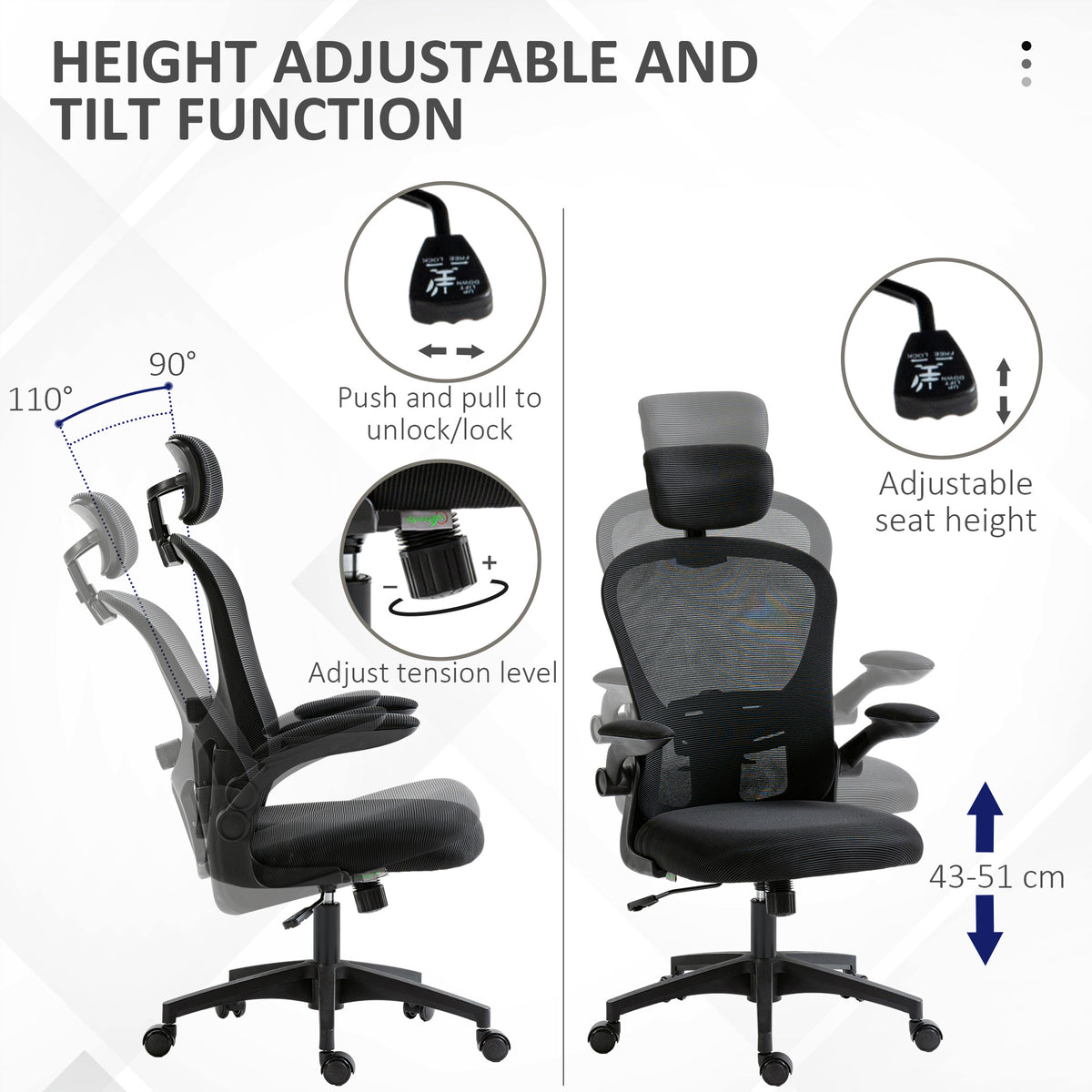 Office Chair, Mesh Computer Desk Chair with Adjustable Headrest, 4D Lumbar Support, Flip-up Arm, Grey – view 24