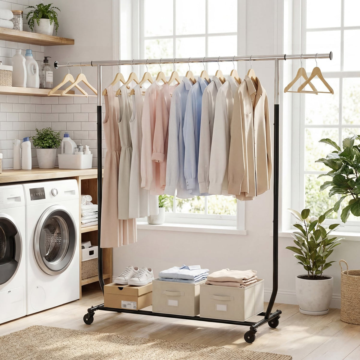 Rolling Clothes Rack Extendable Garment Stand for Hanging Clothes view 6