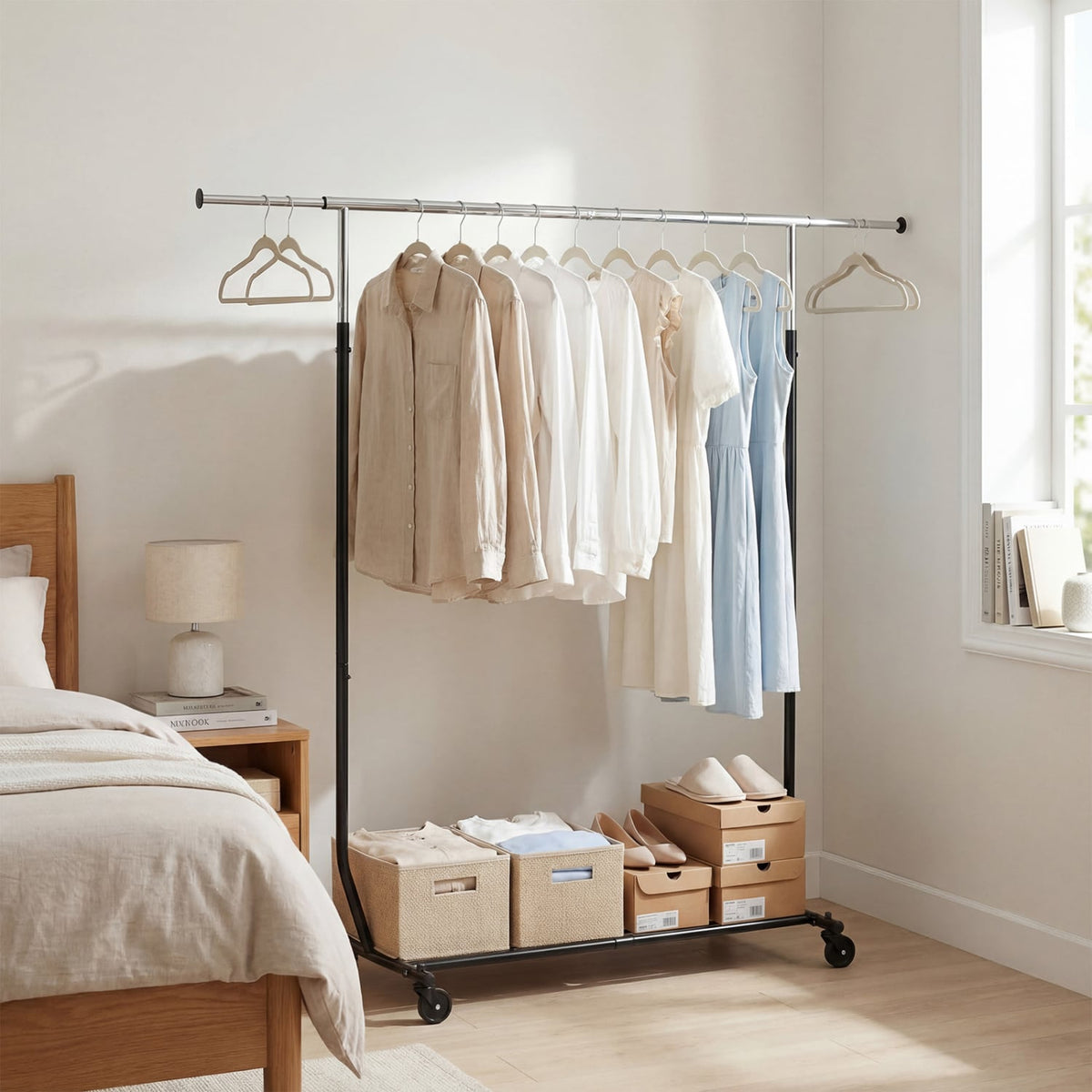 Rolling Clothes Rack Extendable Garment Stand for Hanging Clothes view 3