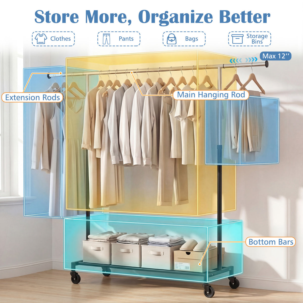 Rolling Clothes Rack Extendable Garment Stand for Hanging Clothes view 7