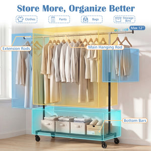 Rolling Clothes Rack Extendable Garment Stand for Hanging Clothes view 7