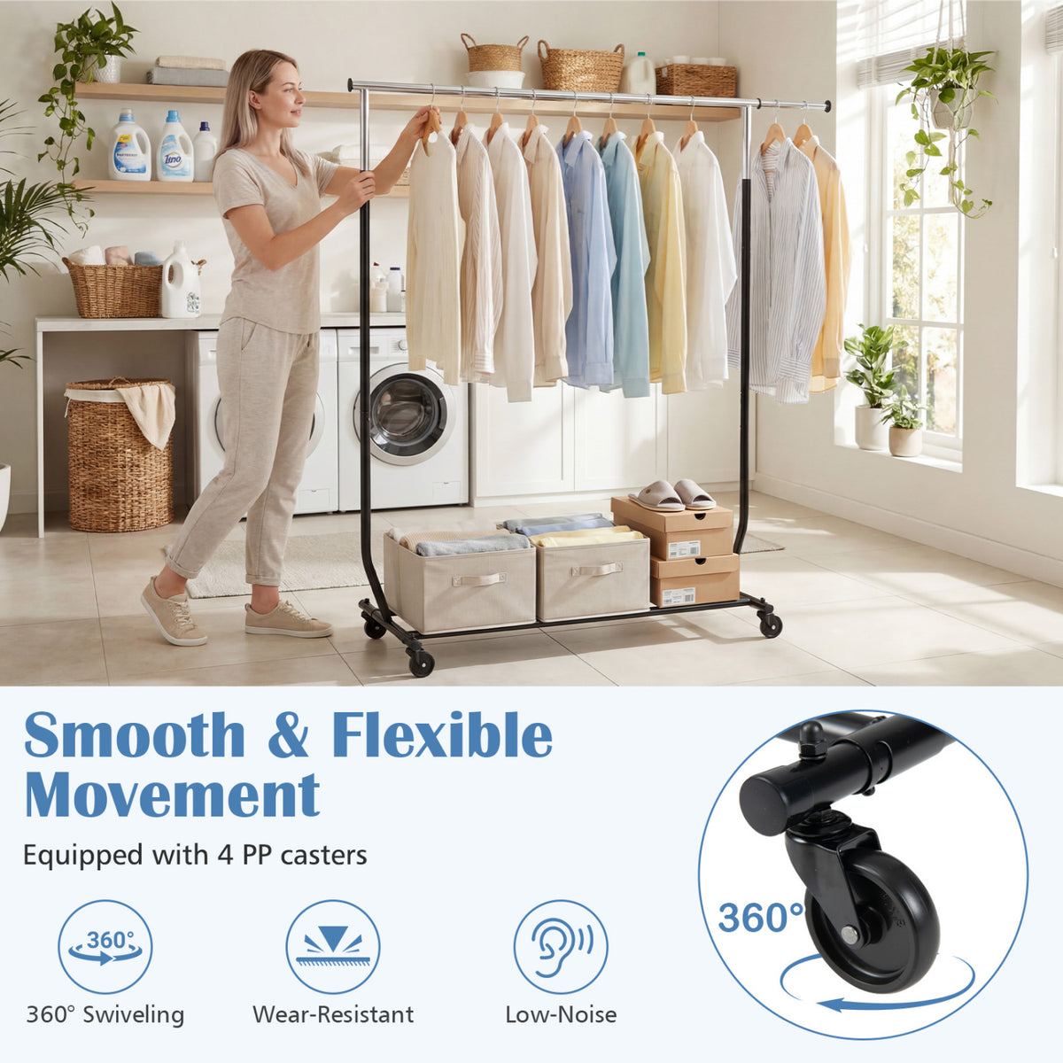 Rolling Clothes Rack Extendable Garment Stand for Hanging Clothes view 9