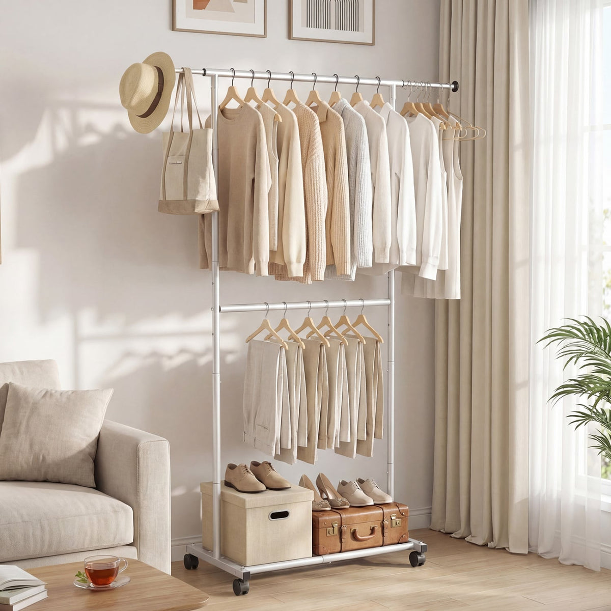 Rolling Clothes Rack Double-Rod Extendable Garment Stand for Hanging Clothes view 2