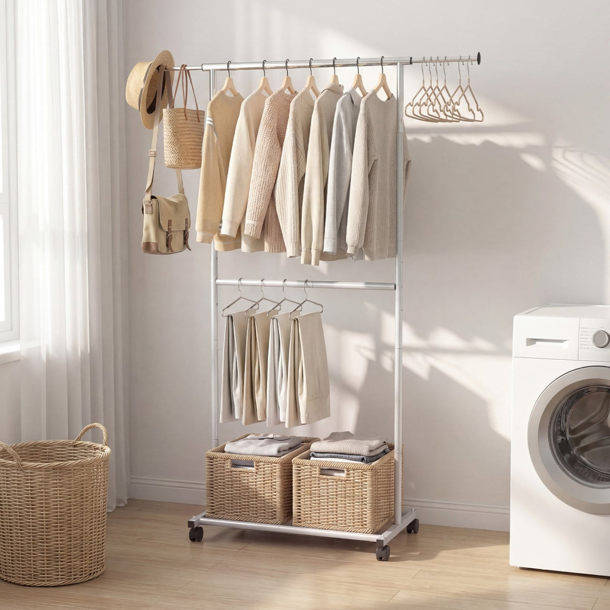 Rolling Clothes Rack Double-Rod Extendable Garment Stand for Hanging Clothes view 3