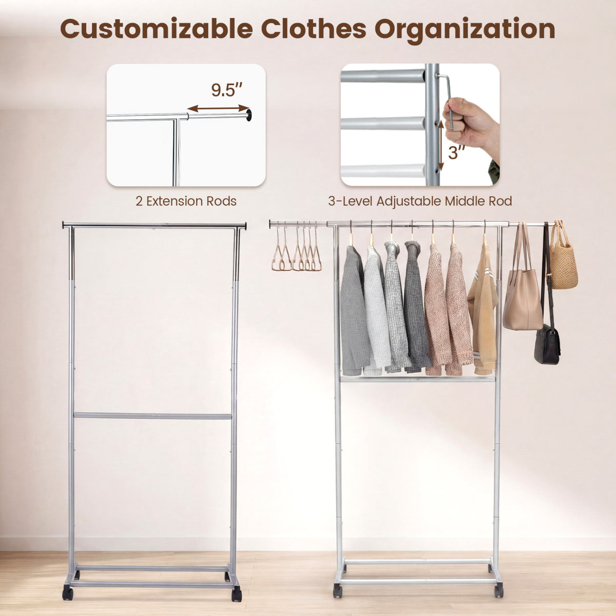 Rolling Clothes Rack Double-Rod Extendable Garment Stand for Hanging Clothes view 7