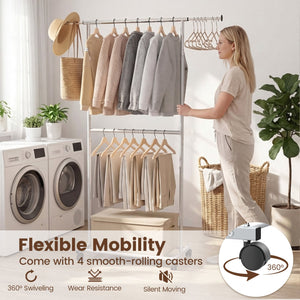 Rolling Clothes Rack Double-Rod Extendable Garment Stand for Hanging Clothes view 8