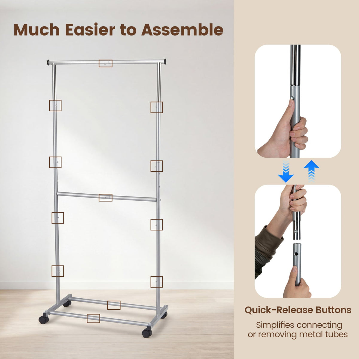 Rolling Clothes Rack Double-Rod Extendable Garment Stand for Hanging Clothes view 9