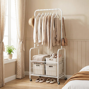 Rolling Metal Clothes Rack with Hanging Rod and Storage Basket-White view 2