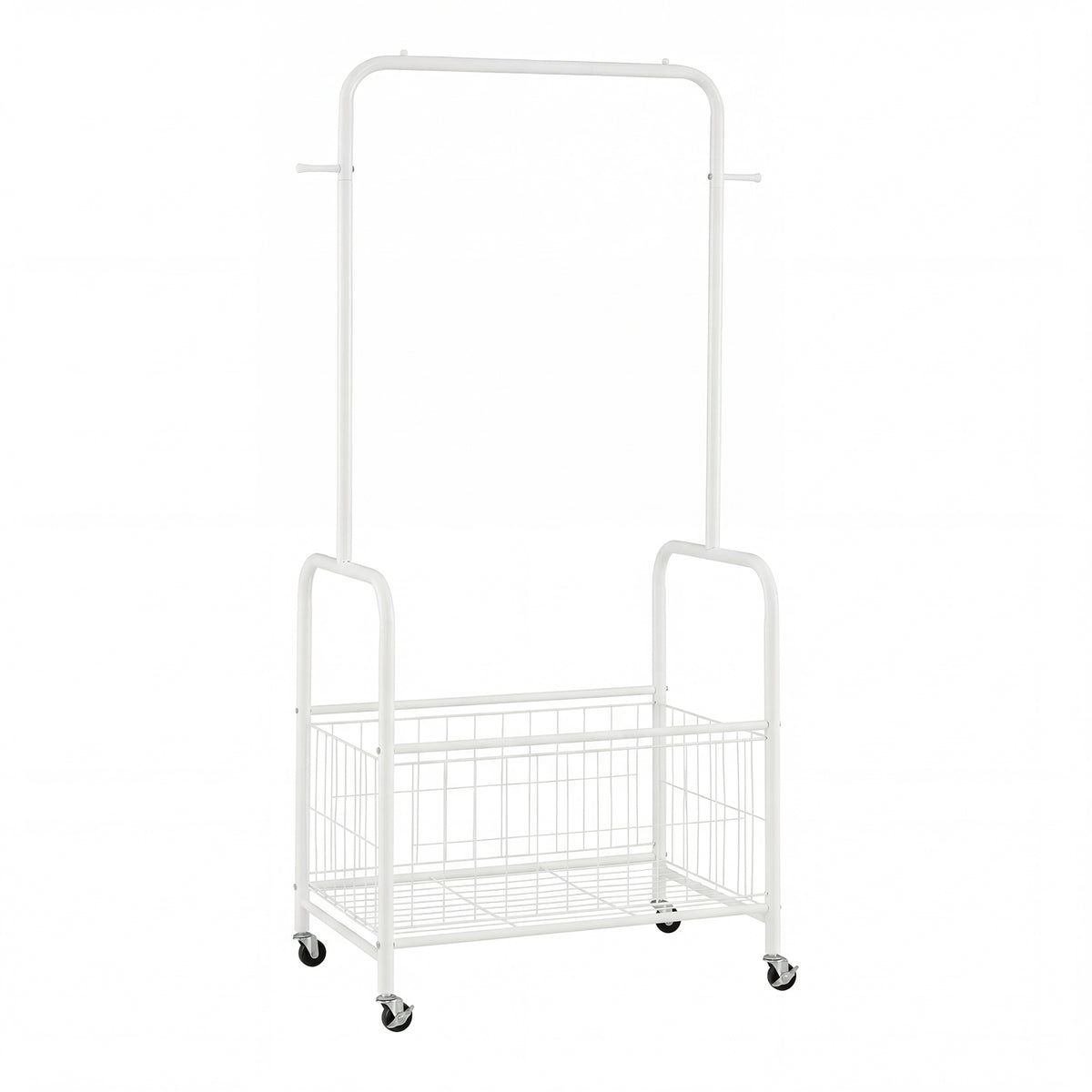 Rolling Metal Clothes Rack with Hanging Rod and Storage Basket-White